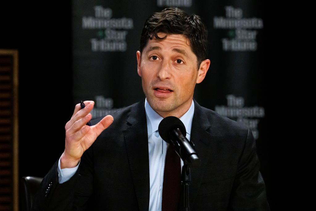 Incumbent Minneapolis Mayor Jacob Frey speaks during a mayoral debate at Minnesota Public Radio headquarters in St. Paul, Minn., on Monday, Oct. 27, 2025. (Kerem Yücel/Minnesota Public Radio via AP)