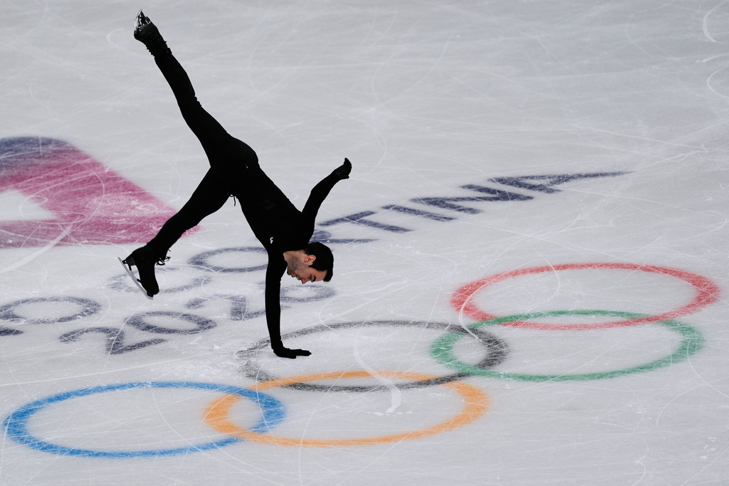Tomas-Llorenc Guarino Sabate, of Spain, performs during a figure skating training session at the 2026 Winter Olympics, in Milan, Italy, Thursday, Feb. 5, 2026. (AP Photo/Stephanie Scarbrough)