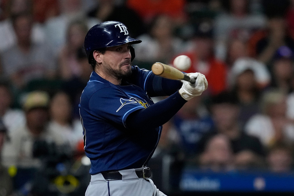 Tampa Bay Rays' Nick Fortes hits an RBI double during the eighth inning of a baseball game against the Houston Astros, Friday, July 3, 2026, in Houston. (AP Photo/Kevin M. Cox)