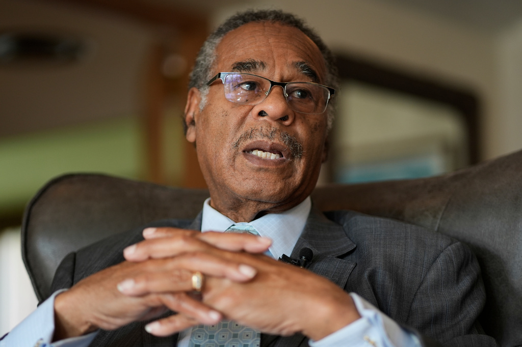 FILE - Rep. Emanuel Cleaver II, D-Mo., talks about the Missouri legislature's effort to divide his district among three districts in an effort to flip his seat to Republican, at St. James Church, Sept. 7, 2025, in Kansas City, Mo. (AP Photo/Charlie Riedel, File)