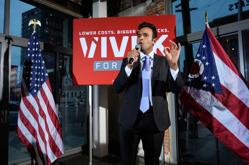 Republican Ohio gubernatorial candidate Vivek speaks during a watch party at the Spruce St. Sporting sports bar after winning the party's nomination for governor Tuesday, May 5, 2026, in Columbus. (AP Photo/Carolyn Kaster)