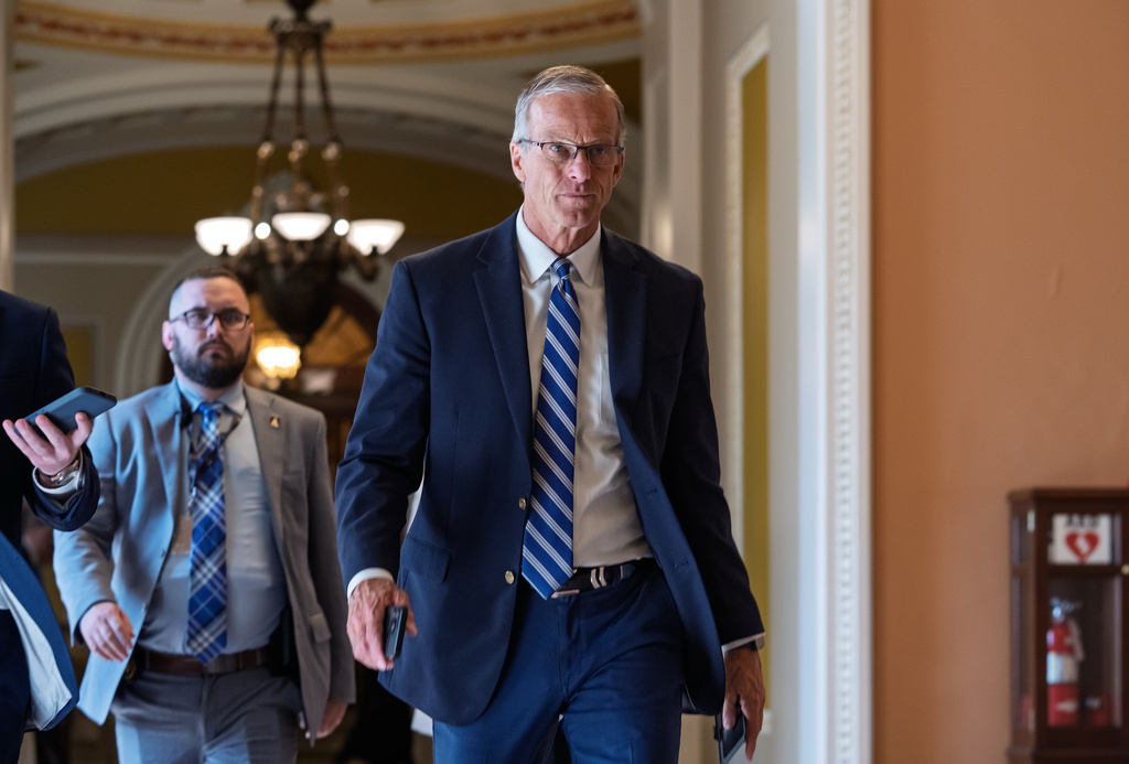 Senate Majority Leader John Thune, R-S.D., walks from the chamber to his office at the Capitol in Washington, Thursday, June 4, 2026. (AP Photo/J. Scott Applewhite)