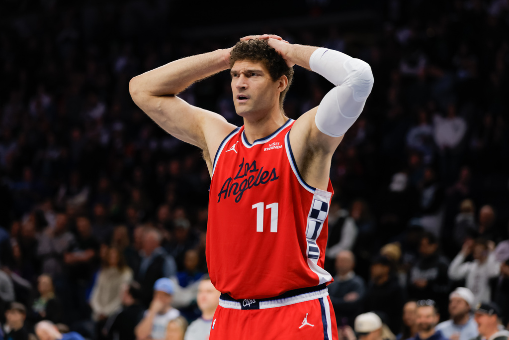 Los Angeles Clippers center Brook Lopez looks on after fouling during the first half of an NBA basketball game against the Minnesota Timberwolves, Sunday, Feb. 8, 2026, in Minneapolis. (AP Photo/Bailey Hillesheim)