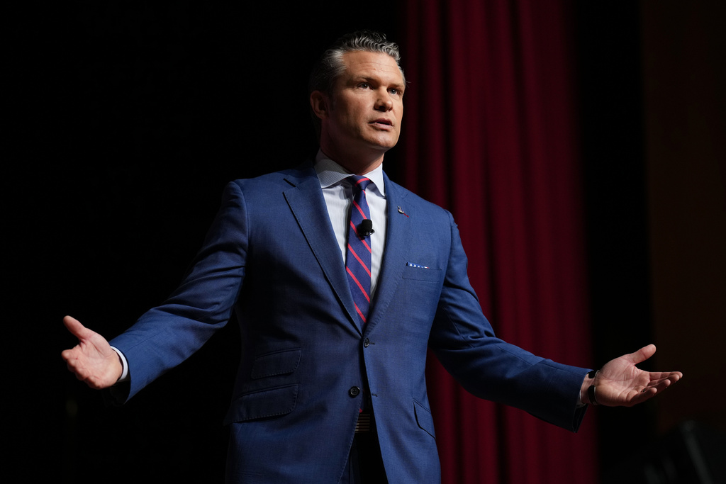 Secretary of Defense Pete Hegseth speaks to senior military leaders at Marine Corps Base Quantico, Tuesday, Sept. 30, 2025 in Quantico, Va. (Andrew Harnik/Pool via AP)