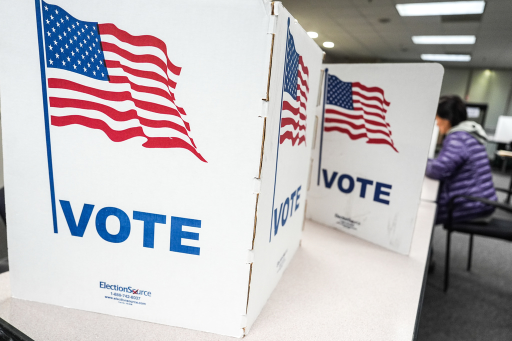 A person votes in the Virginia redistricting referendum at Fairfax Government Center, Tuesday, April 21, 2026, in Fairfax, Va. (AP Photo/Julia Demaree Nikhinson)