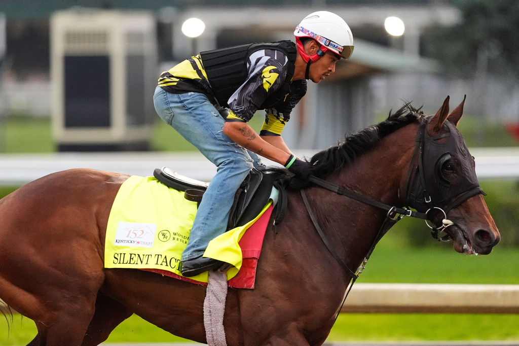 Kentucky Derby entrant Silent Tactic works out at Churchill Downs Tuesday, April 28, 2026, in Louisville, Ky. (AP Photo/Charlie Riedel)
