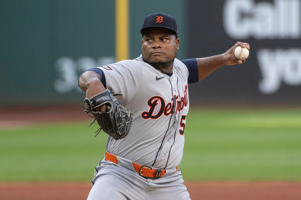 Detroit Tigers starting pitcher Framber Valdez delivers against the Cleveland Guardians during the first inning of a baseball game, Saturday, Sept. 5, 2026, in Cleveland. (AP Photo/Phil Long)