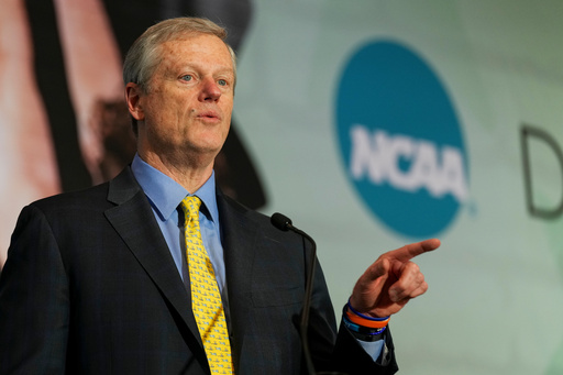 FILE - NCAA President Charlie Baker speaks during the Division I Business Session at the annual NCAA convention, Jan. 15, 2025, in Nashville, Tenn. (AP Photo/George Walker IV, File) FILE - NCAA President Charlie Baker speaks during the Division I Business Session at the annual NCAA convention, Jan. 15, 2025, in Nashville, Tenn. (AP Photo/George Walker IV, File)