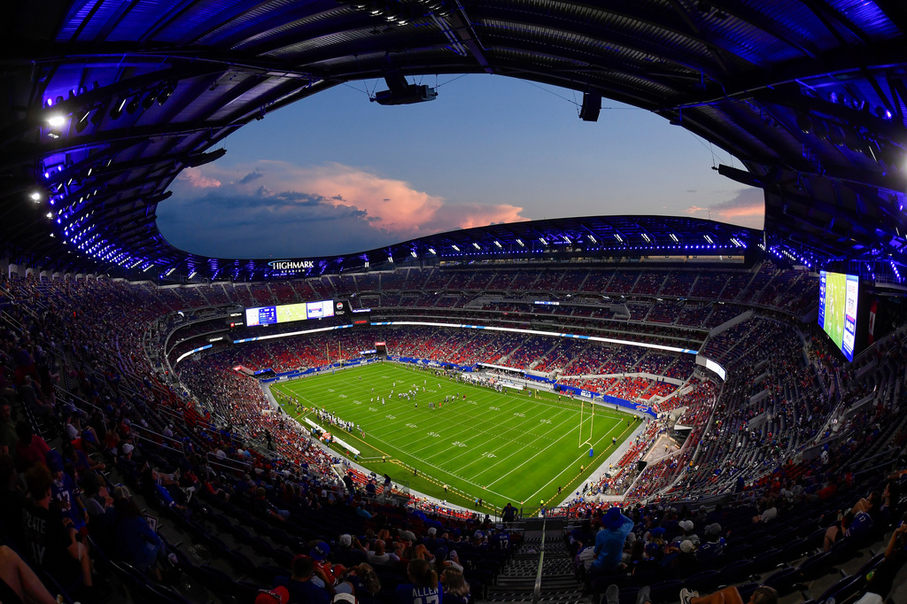 Overall view of Highmark Stadium during Buffalo Bills practice at the team's NFL football training camp Saturday, Aug. 8, 2026, in Orchard Park, N.Y. (AP Photo/Adrian Kraus)