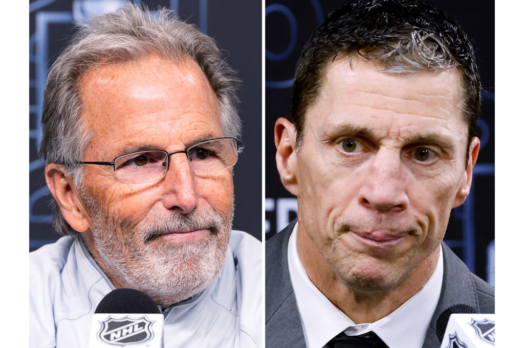 FILE - This photo combination shows Vegas Golden Knights head coach John Tortorella, left, April 24, 2026, in Salt Lake City and Carolina Hurricanes head coach Rod Brind'Amour in Raleigh, N.C., May 21, 2026. (AP Photo/Melissa Majchrzak, Karl DeBlaker, file)