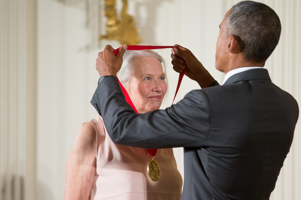 FILE - President Barack Obama awards the 2014 National Humanities Medal to author Annie Dillard of Key West, Fla., during a ceremony in the East Room at the White House in Washington, on Sept. 10, 2015. (AP Photo/Andrew Harnik, File)