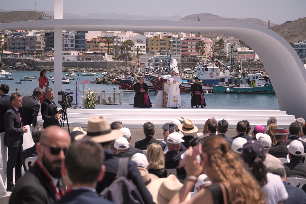 Pope Leo XIV attends a meeting with organizations working with migrants in Arguineguin in Las Palmas de Gran Canaria, Spain, Thursday, June 11, 2026.(AP Photo/Arturo Rodriguez)