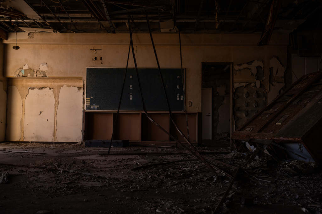 A classroom at Ukedo elementary school, damaged by the 2011 tsunami, is seen in Namie, Fukushima Prefecture, Thursday, Feb. 12, 2026. (AP Photo/Louise Delmotte)
