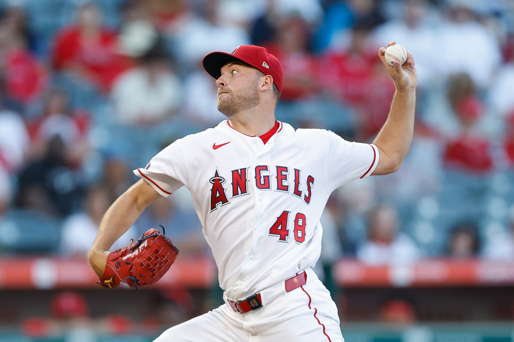 Los Angeles Angels starting pitcher Reid Detmers (48) throws during the second inning of a baseball game Athletics, Saturday, June 27, 2026, in Anaheim, Calif. (AP Photo/Caroline Brehman)