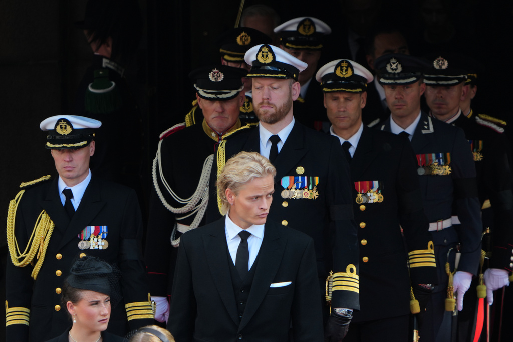 Norway's Marius Borg Hoiby, center, leaves the Oslo Cathedral after a funeral service for Norway's King Harald V in Oslo, Wednesday, Sept. 9, 2026. (AP Photo/Markus Schreiber)