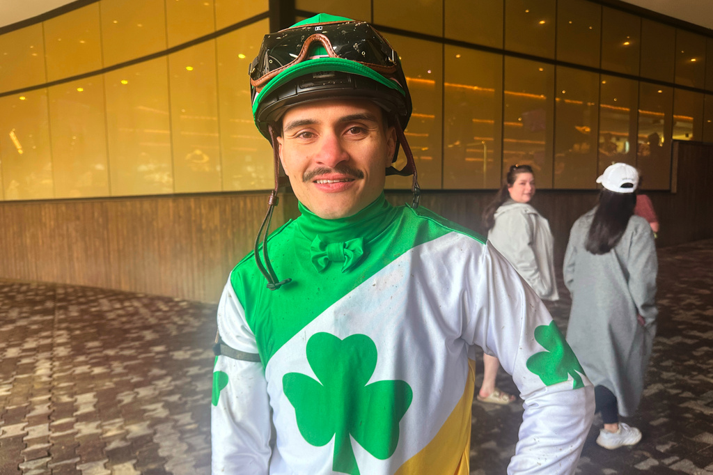 Jockey Cristian Torres poses for a photo after the fifth race at Churchill Downs in Louisville, Ky., Friday, May 1, 2026. (AP Photo/Stephen Whyno)