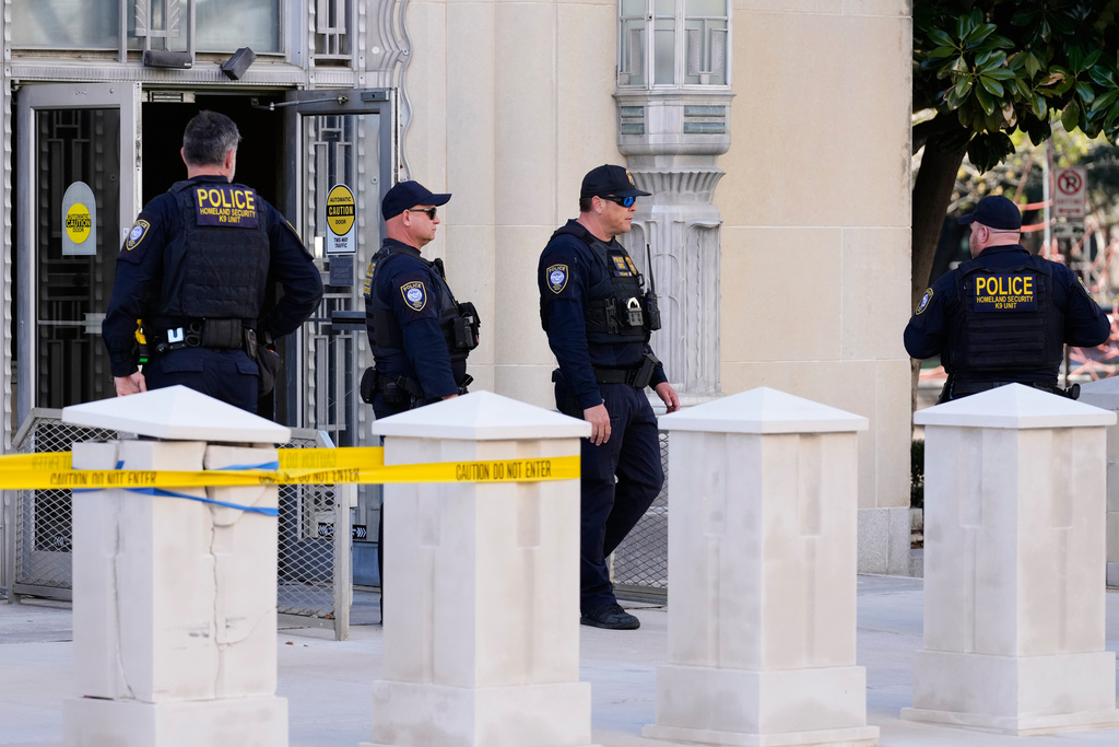 Officers with the Department of Homeland Security stand outside the Eldon B. Mahon U.S. Courthouse during a trial for nine people connected to a 2025 shooting outside an ICE detention facility, in Fort Worth, Texas, Thursday, March 12, 2026. (AP Photo/Tony Gutierrez)