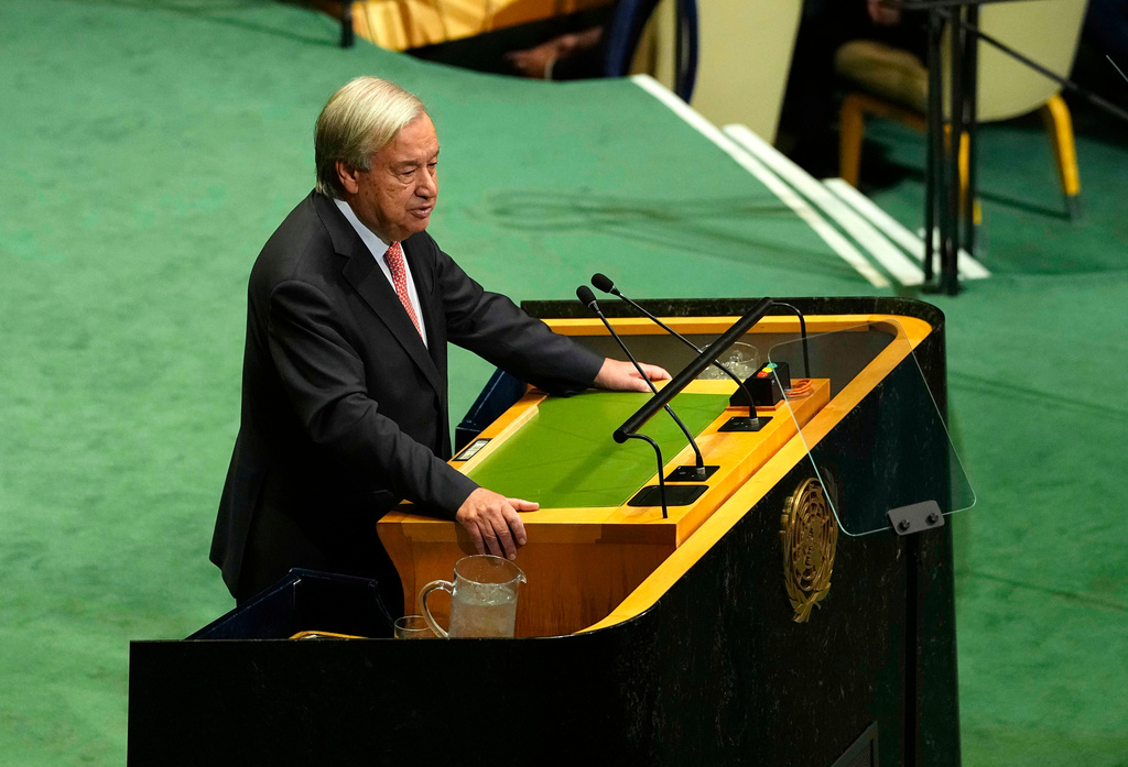 Secretary-General of the United Nations António Guterres speaks at the United Nations General Assembly (UNGA) at the UN headquarters on Tuesday, Sept. 22, 2026. (Justin Tang/The Canadian Press via AP)