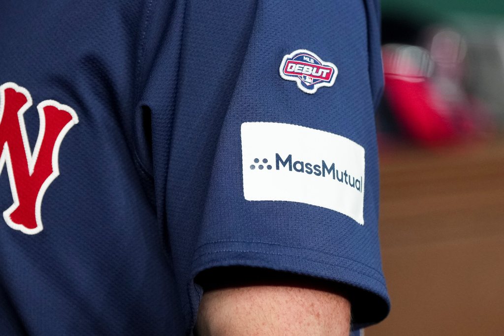 FILE - An MLB debut patch adorns the sleeve of Boston Red Sox's Nick Sogard before his debut in a baseball game against the Texas Rangers, Friday, Aug. 2, 2024, in Arlington, Texas. (AP Photo/Sam Hodde, File)
