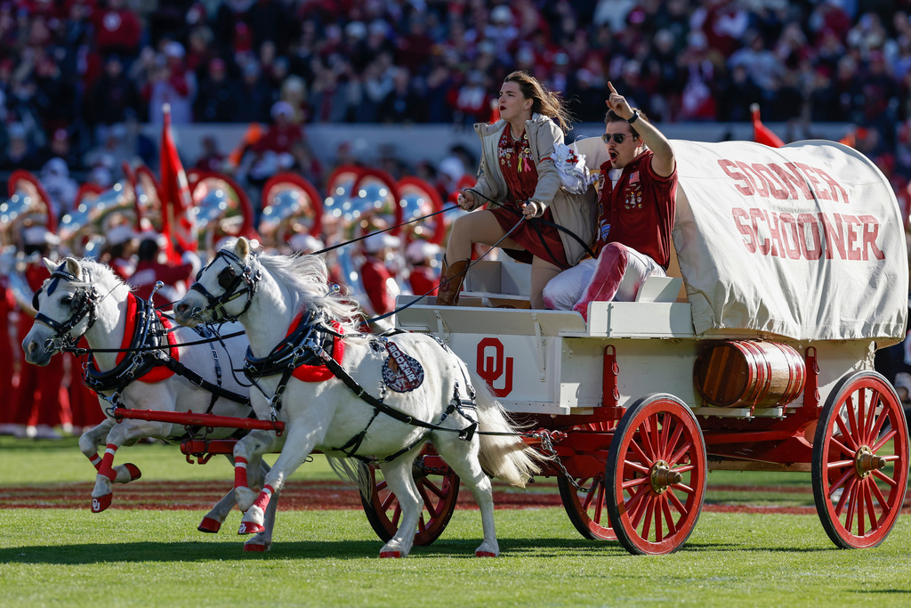 Oklahoma Sooner Schooner rolls out during a team run on before the start of an NCAA college football game, Saturday, Nov. 29, 2025, in Norman, Okla. (AP Photo/Alonzo Adams)