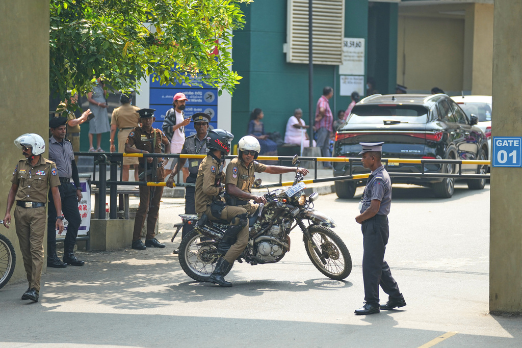Motorcycle mounted policemen patrol at the National Hospital where rescued Iranian sailors from the IRIS Dena warship by the Sri Lankan Navy are receiving treatment, in Galle, Sri Lanka, Thursday, March 5, 2026. (AP Photo/Eranga Jayawardena)
