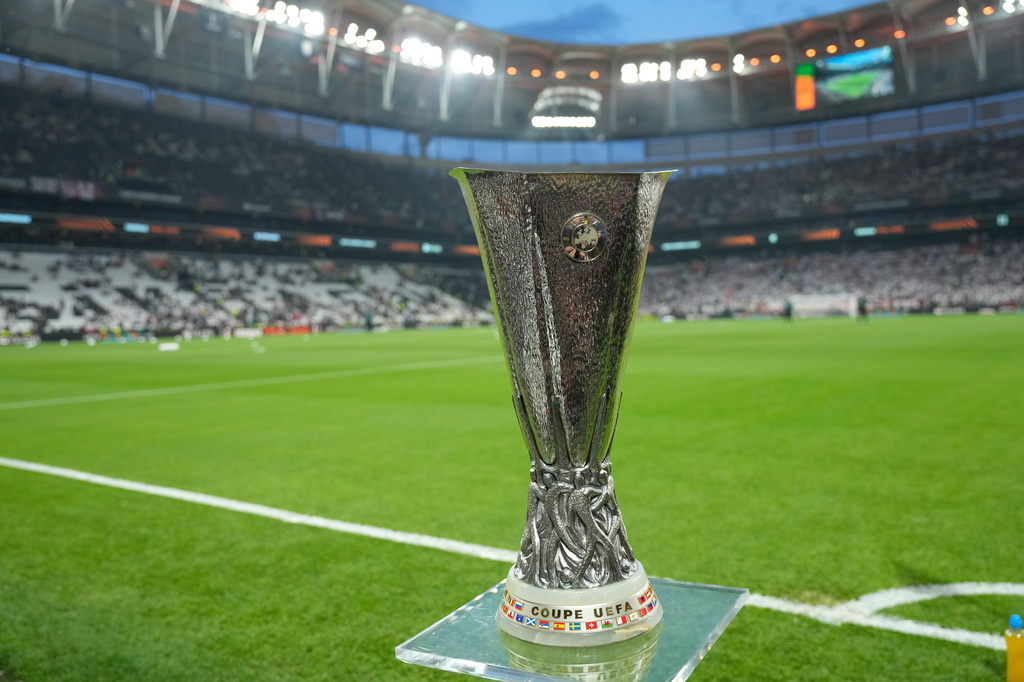 FILE - The trophy is displayed before before the Europa League final soccer match between Freiburg and Aston Villa in Istanbul, Turkey, Wednesday, May 20, 2026. (AP Photo/Emrah Gurel, File)