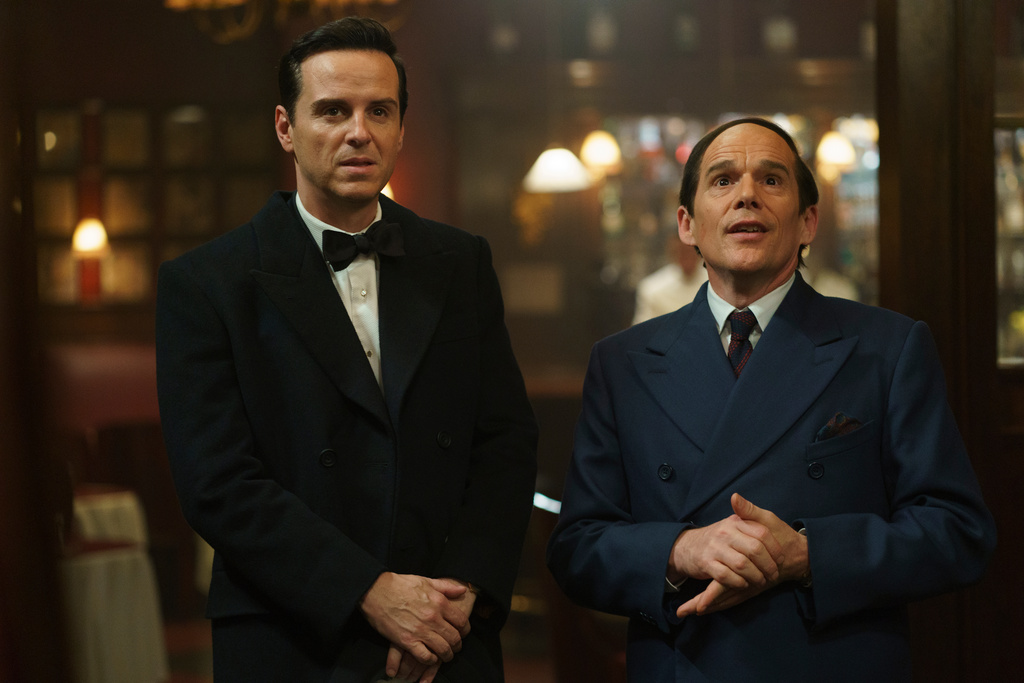 This image released by Sony Pictures Classics shows Andrew Scott, left, and Ethan Hawke in a scene from "Blue Moon." (Sabrina Lantos/Sony Pictures Classics via AP)