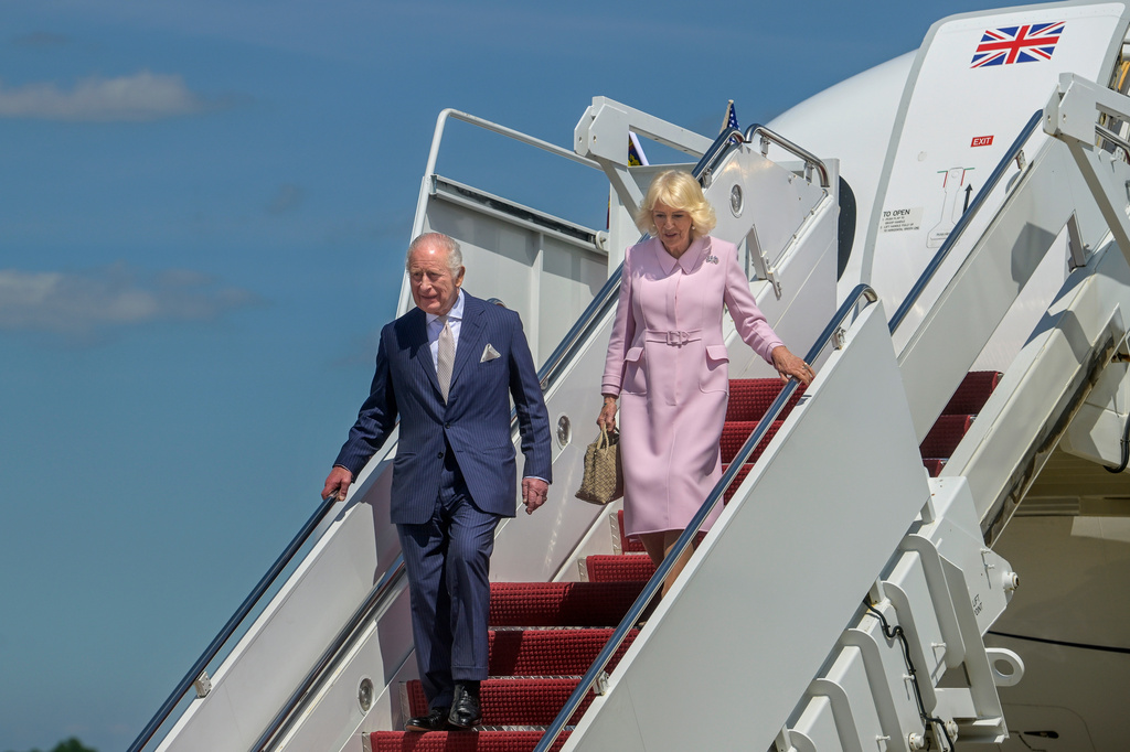 King Charles III, left, and Queen Camilla arrive at Joint Base Andrews, Md., Monday, April 27, 2026. (AP Photo/Rod Lamkey, Jr.)