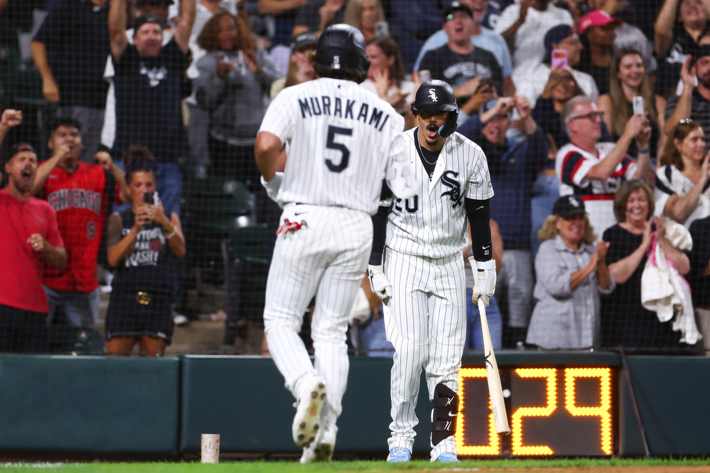 Chicago White Sox's Munetaka Murakami (5) celebrates with Miguel Vargas after hitting a home run during the eighth inning of a baseball game against the New York Yankees in Chicago, Wednesday, July 29, 2026. (AP Photo/Jessie Alcheh)
