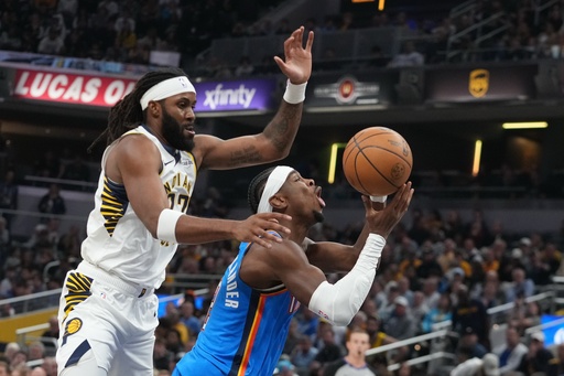 Oklahoma City Thunder's Shai Gilgeous-Alexander (2) is fouled by Indiana Pacers' Isaiah Jackson during the first half of an NBA basketball game, Thursday, Oct. 23, 2025, in Indianapolis. (AP Photo/Darron Cummings) Oklahoma City Thunder's Shai Gilgeous-Alexander (2) is fouled by Indiana Pacers' Isaiah Jackson during the first half of an NBA basketball game, Thursday, Oct. 23, 2025, in Indianapolis. (AP Photo/Darron Cummings)