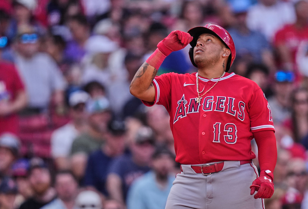 Los Angeles Angels' Moisés Ballesteros celebrates after his solo home run during the sixth inning of a baseball game against the Los Angeles Angels, Monday, Sept. 7, 2026, in Boston. (AP Photo/Charles Krupa)