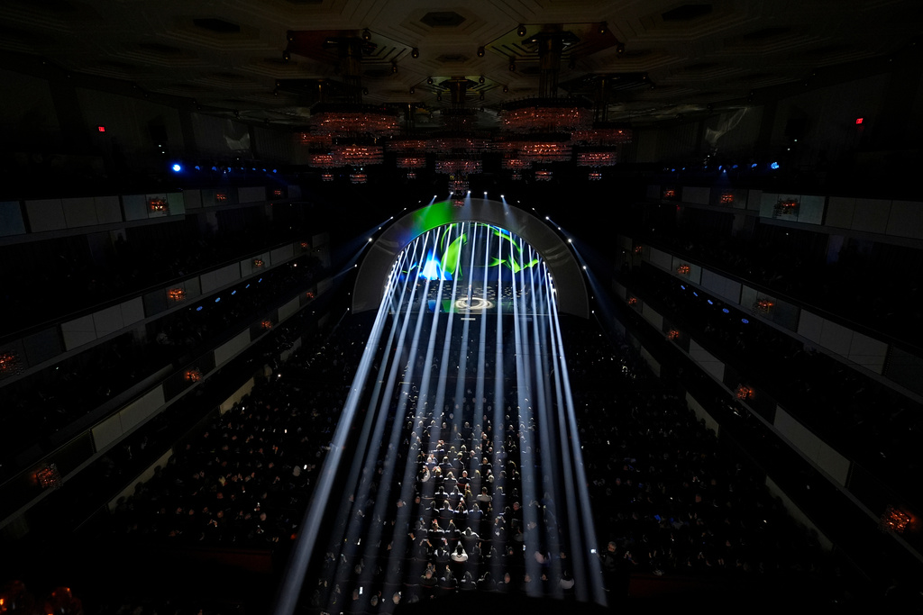 Singer Andrea Bocelli performs during the draw for the 2026 soccer World Cup at the Kennedy Center in Washington, Friday, Dec. 5, 2025. (AP Photo/Alex Brandon)