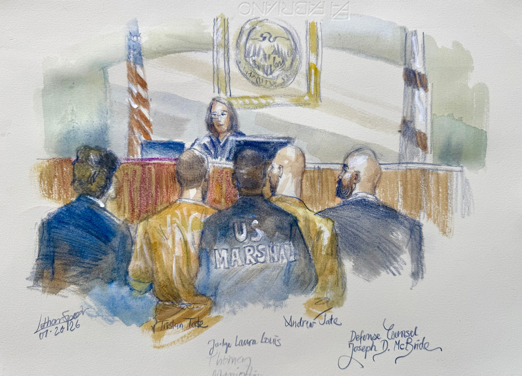 In this courtroom sketch Andrew and Tristan Tate appear with their attorneys before judge Lauren Louis in Miami federal court, Monday, July 20, 2026, in Miami. (Lothar Speer via AP)