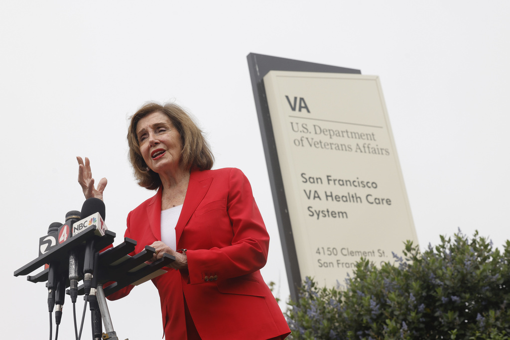 Democratic Rep. Nancy Pelosi speaks on the corner of Clement Street and 42nd Avenue after touring the San Francisco VA Medical Center and meeting VA officials to mark House Democrats' Honor Our Veterans Day of Action on Thursday, Aug. 7, 2025, in San Francisco. (Lea Suzuki/San Francisco Chronicle via AP)