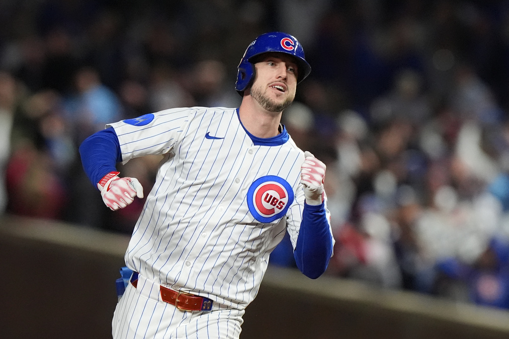 FILE - Chicago Cubs' Kyle Tucker runs the bases after hitting a solo home run during the seventh inning of Game 4 of baseball's National League Division Series against the Milwaukee Brewers, Oct. 9, 2025, in Chicago. (AP Photo/Nam Y. Huh, File)