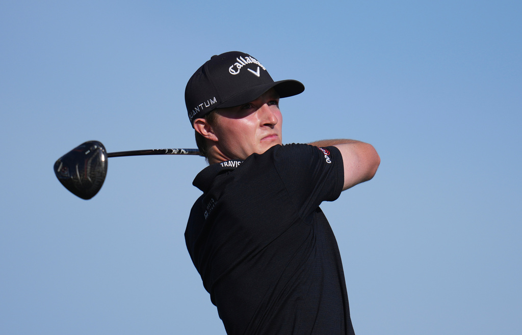 FILE - Blades Brown hits his tee shot at the 16th hole during the final round of the American Express golf event at PGA West, Jan. 25, 2026, in La Quinta, Calif. (AP Photo/Ross D. Franklin, File)