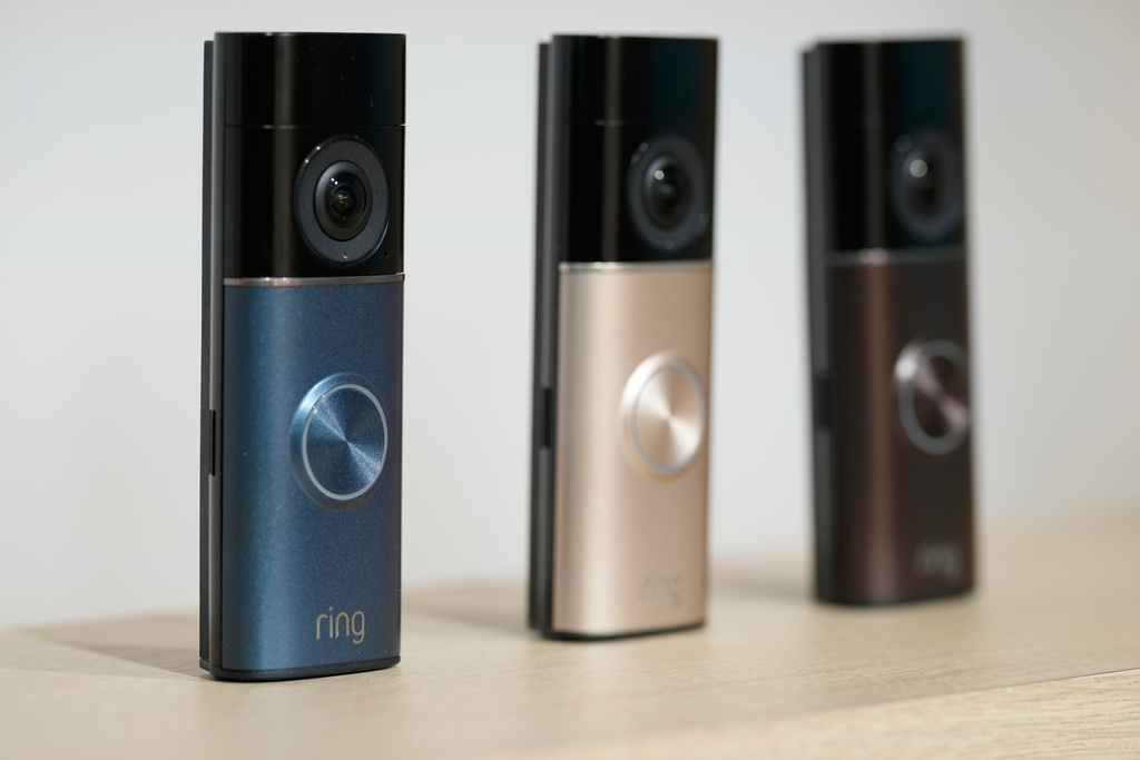 New ring doorbells are displays during an Amazon event in New York, Tuesday, Sept. 30, 2025. (AP Photo/Seth Wenig)