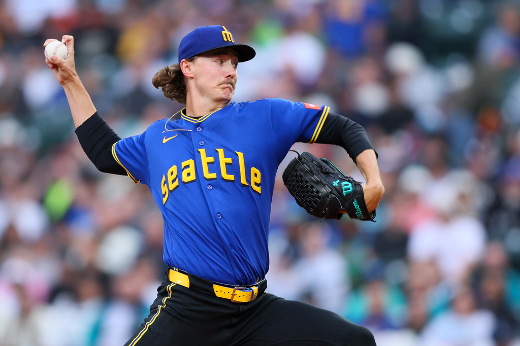 Seattle Mariners pitcher Bryce Miller delivers in the first inning of a baseball game against the Los Angeles Angels, Thursday, July 2, 2026, in Seattle. (AP Photo/Kevin Ng)