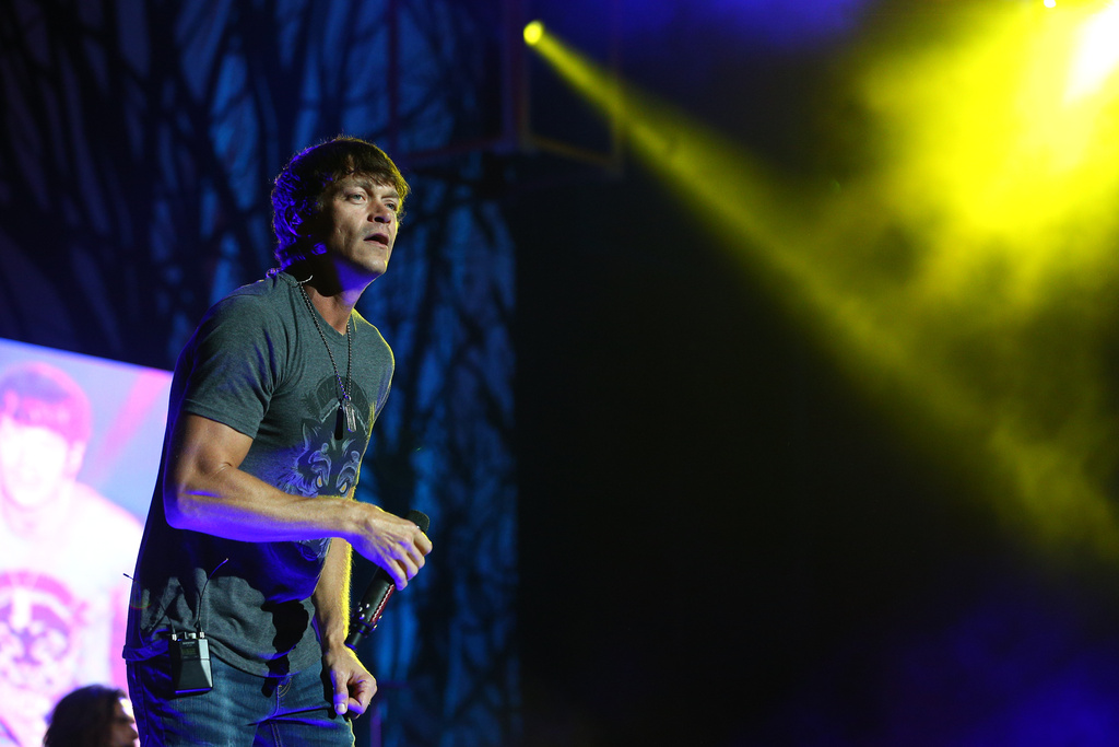FILE - Three Doors Down lead singer Brad Arnold looks out into the crowd during a performance at the F.M. Kirby Center in Wilkes-Barre, Pa., Wednesday, Sept. 7, 2016. (Christopher Dolan/The Citizens' Voice via AP, File)