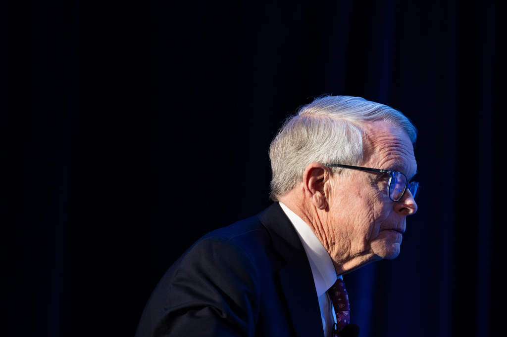 FILE - Gov. Mike DeWine, R-Ohio, arrives to an event at the National Governors Association Winter Meeting on Feb. 19, 2026, in Washington. (AP Photo/Allison Robbert, File)