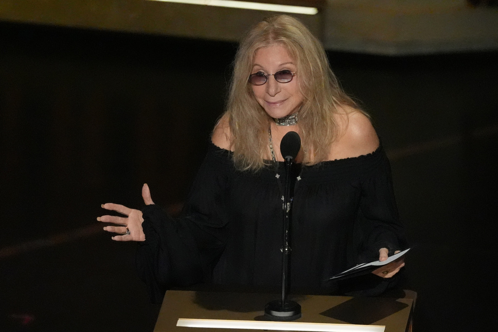 CORRECTS SPELLING OF STREISAND - Barbra Streisand speaks about Robert Redford during the In Memoriam segment during the Oscars on Sunday, March 15, 2026, at the Dolby Theatre in Los Angeles. (AP Photo/Chris Pizzello)