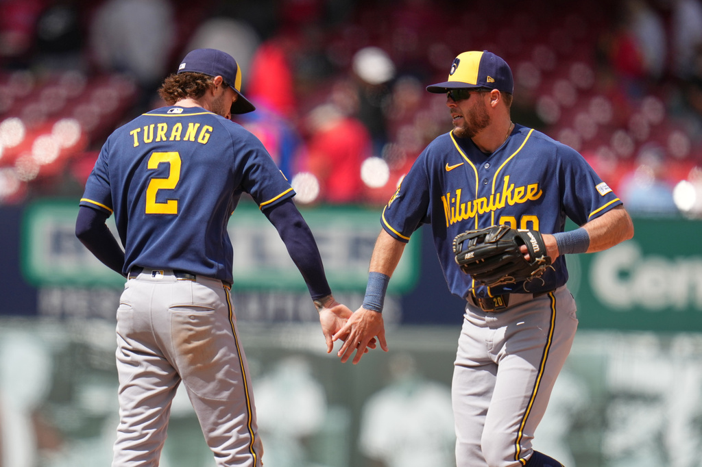 Milwaukee Brewers' Brandon Lockridge, right, and Brice Turang (2) celebrate a victory over the St. Louis Cardinals in a baseball game Wednesday, May 6, 2026, in St. Louis. (AP Photo/Jeff Roberson)