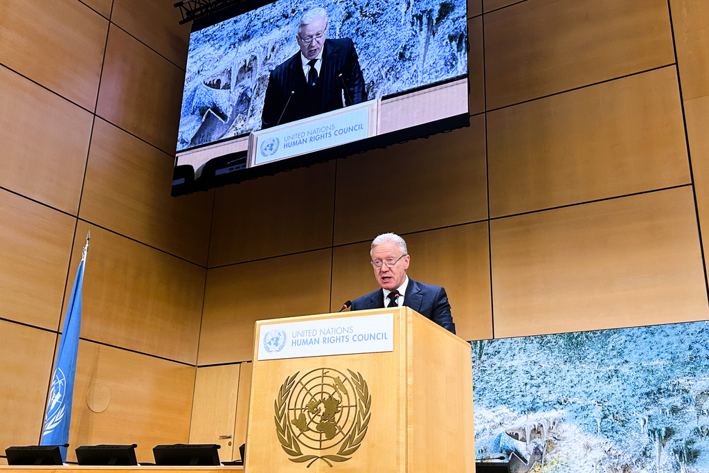 Lebanese Foreign Minister Youssef Rajji addresses the Human Rights Council in Geneva, Switzerland, Tuesday, Feb. 24, 2026. (AP Photo/Jamey Keaten)