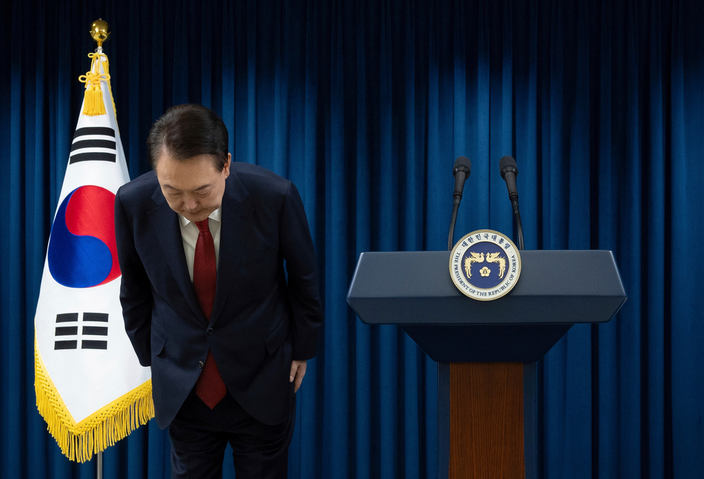 FILE - South Korean President Yoon Suk Yeol bows at the end of his announcement at the presidential office in Seoul, South Korea, on Dec. 7, 2024. (South Korean Presidential Office/Yonhap via AP, File)