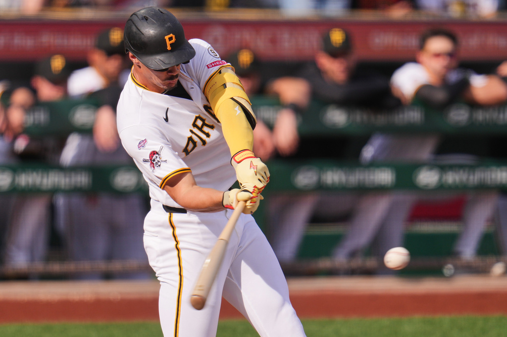 Pittsburgh Pirates' Konnor Griffin hits an RBI double, his first Major League career hit and run, during the second inning of a baseball game against the Baltimore Orioles in Pittsburgh, Friday, April 3, 2026. (AP Photo/Gene J. Puskar)