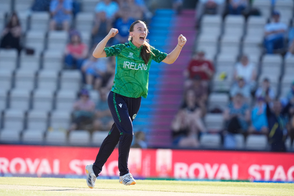Ireland's Orla Prendergast celebrates bowling out New Zealand's Maddy Green during the ICC Women's T20 World Cup match between Ireland and New Zealand in Southampton, England, Friday, June 19, 2026. (Andrew Matthews/PA via AP)