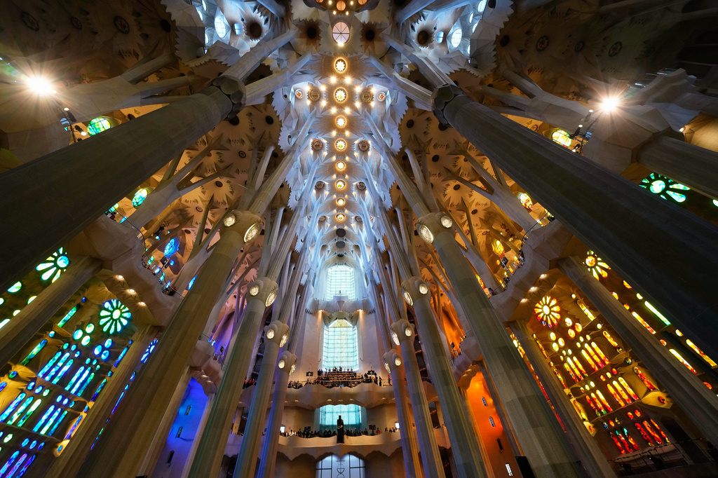 A view of the ceiling at the Basilica of the Sagrada Familia before Pope Leo XIV's arrival to celebrate Mass in Barcelona, Spain, Wednesday, June 10, 2026. (AP Photo/Bernat Armangue)