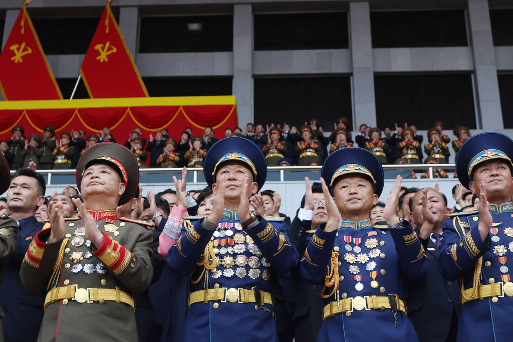 A meeting of presenting letters of loyalty to their leader Kim Jong Un is held at Kim Il Sung Stadium in Pyongyang, North Korea Tuesday, Oct. 7, 2025, on the occasion of the 80th anniversary of the founding of North Korea's ruling Worker's Party of Korea. (AP Photo/Jon Chol Jin)