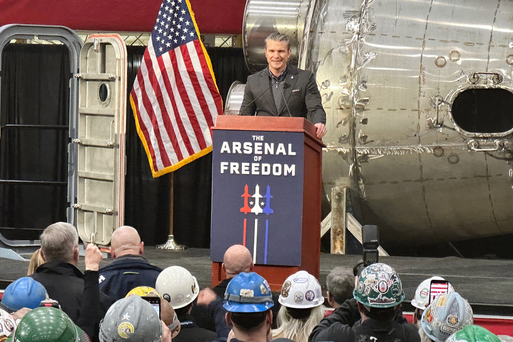 Defense Secretary Pete Hegseth speaks at the Bath Iron Works in Bath, Maine, Monday, Feb. 9, 2026. (AP Photo/Patrick Whittle)