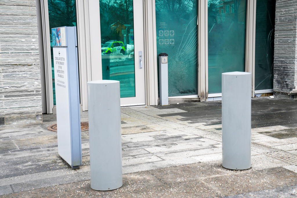 A view of the damage at the U.S. Embassy in Oslo, Sunday, March 8, 2026. (Fredrik Varfjell /NTB Scanpix via AP)